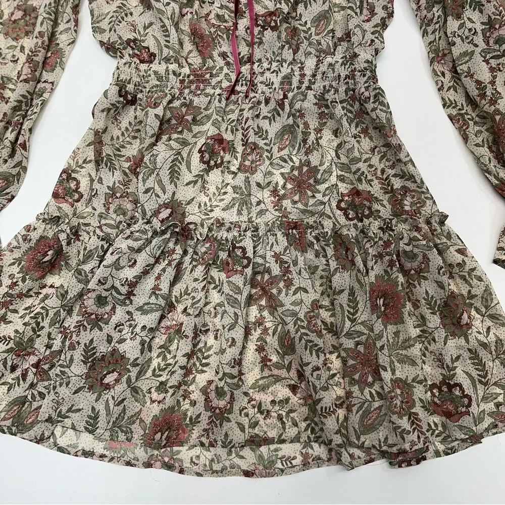 Lovestitch Floral Paisley Satin Smocked Ruffled Mock V Neck Dress Womens Size M